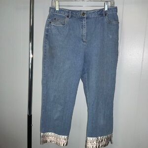 Susan Bristol beaded satin trimmed hem denim capris Sz 8 embroidered